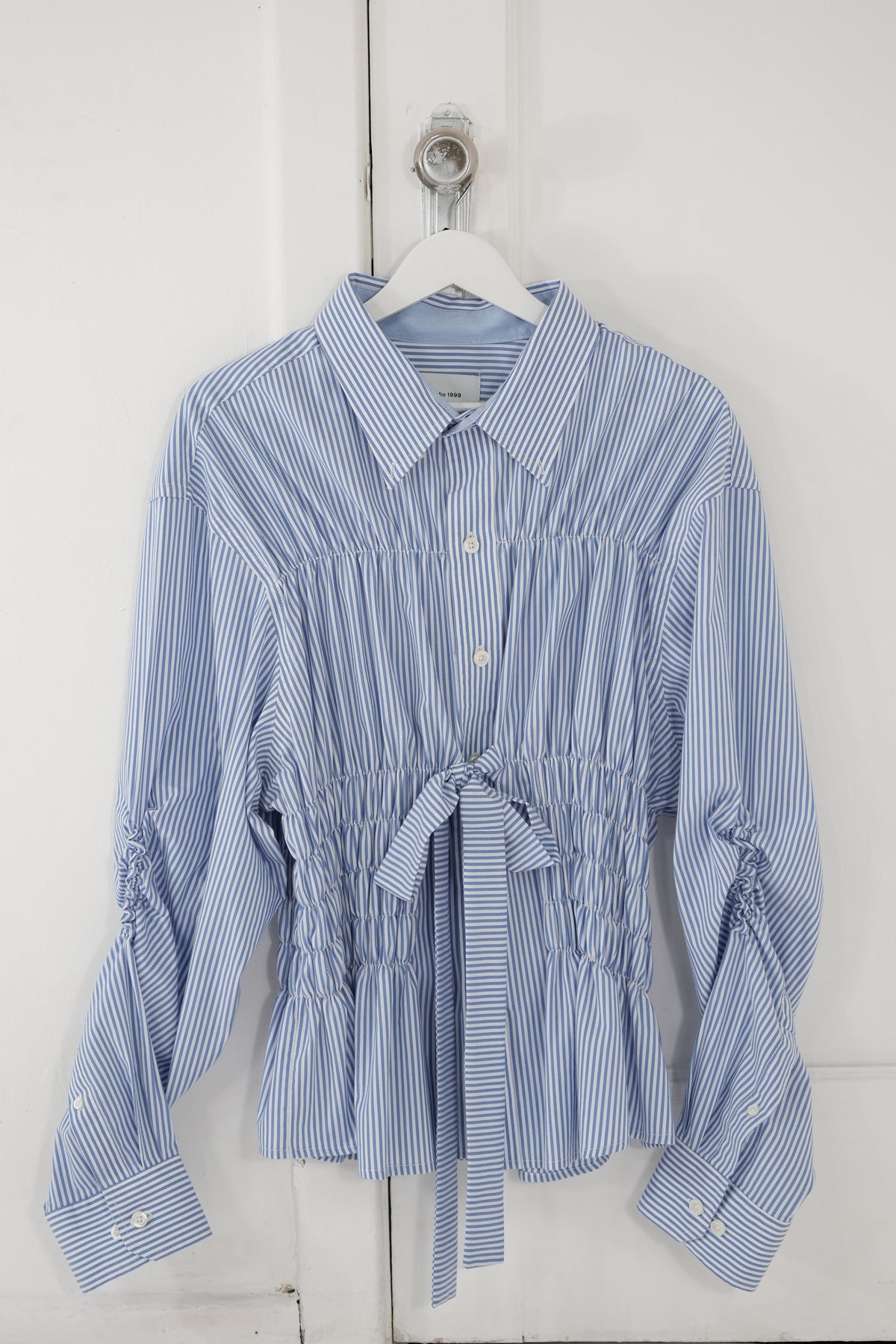 Camisa Corset Azul a rayas blancas - L
