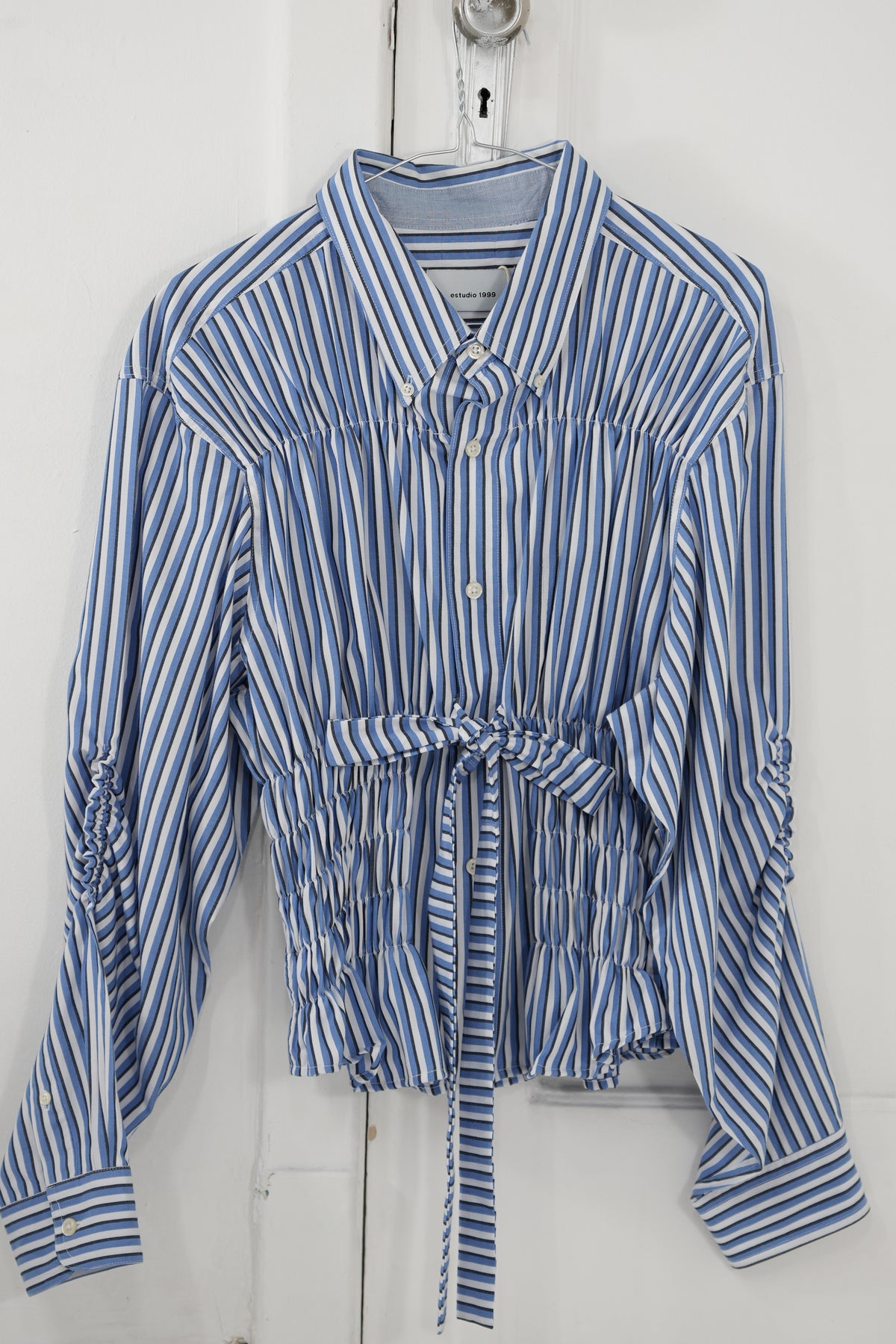 Camisa corset - azul a rayas blancas y negras